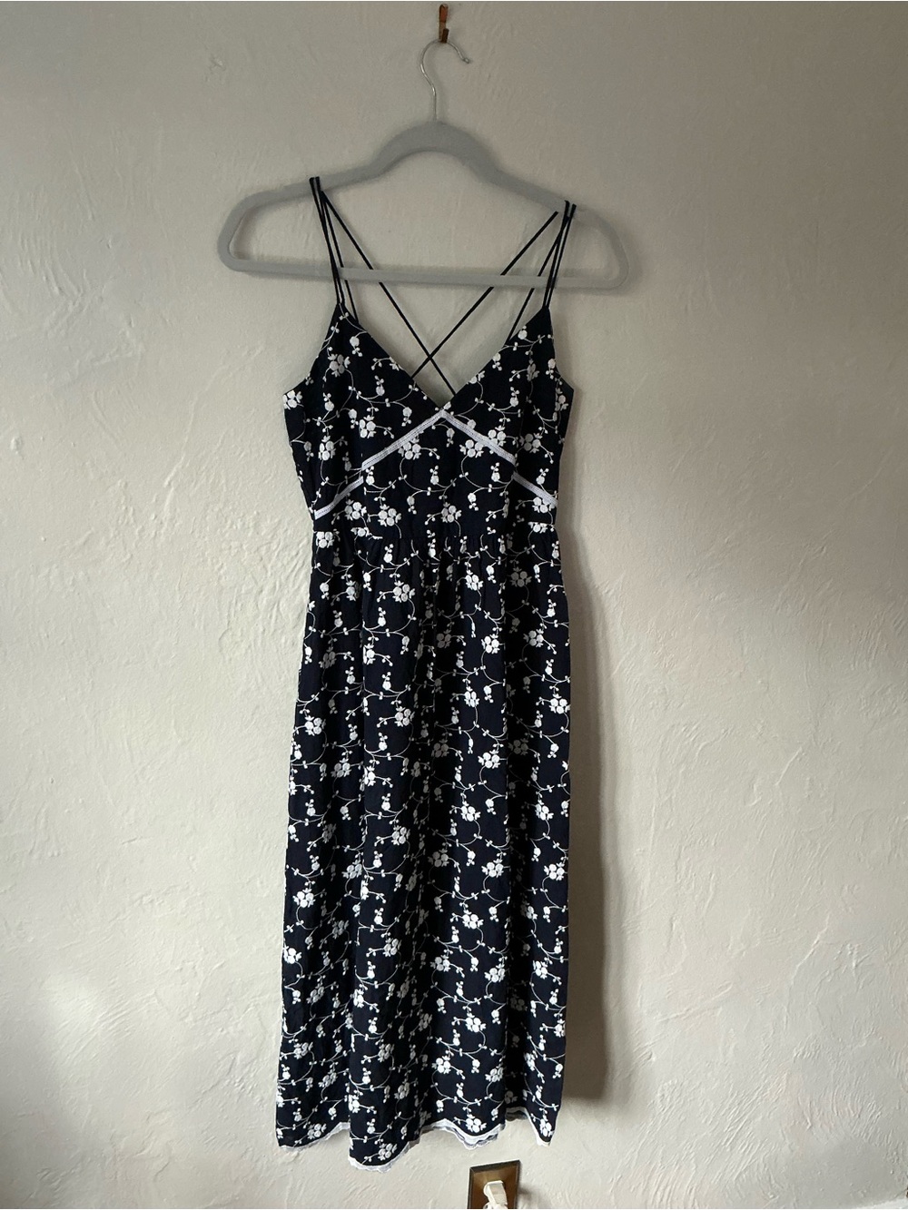 Zara Navy and White Floral Strappy Midi Dress